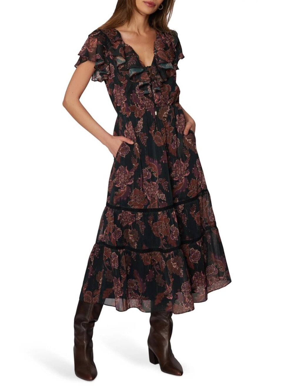 Lost + Wander Whispers of Bohemia Midi Dress M Black Plum Floral